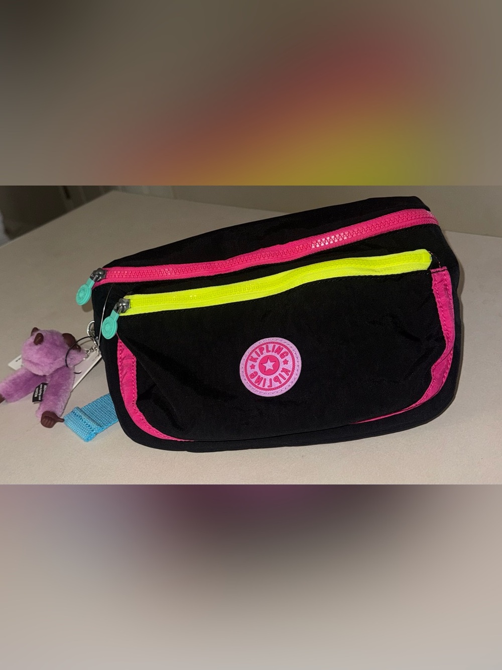 NWT Kipling Yasemina Fanny Pack Sling Bag Black Neon Yellow Pink - Picture 2 of 6